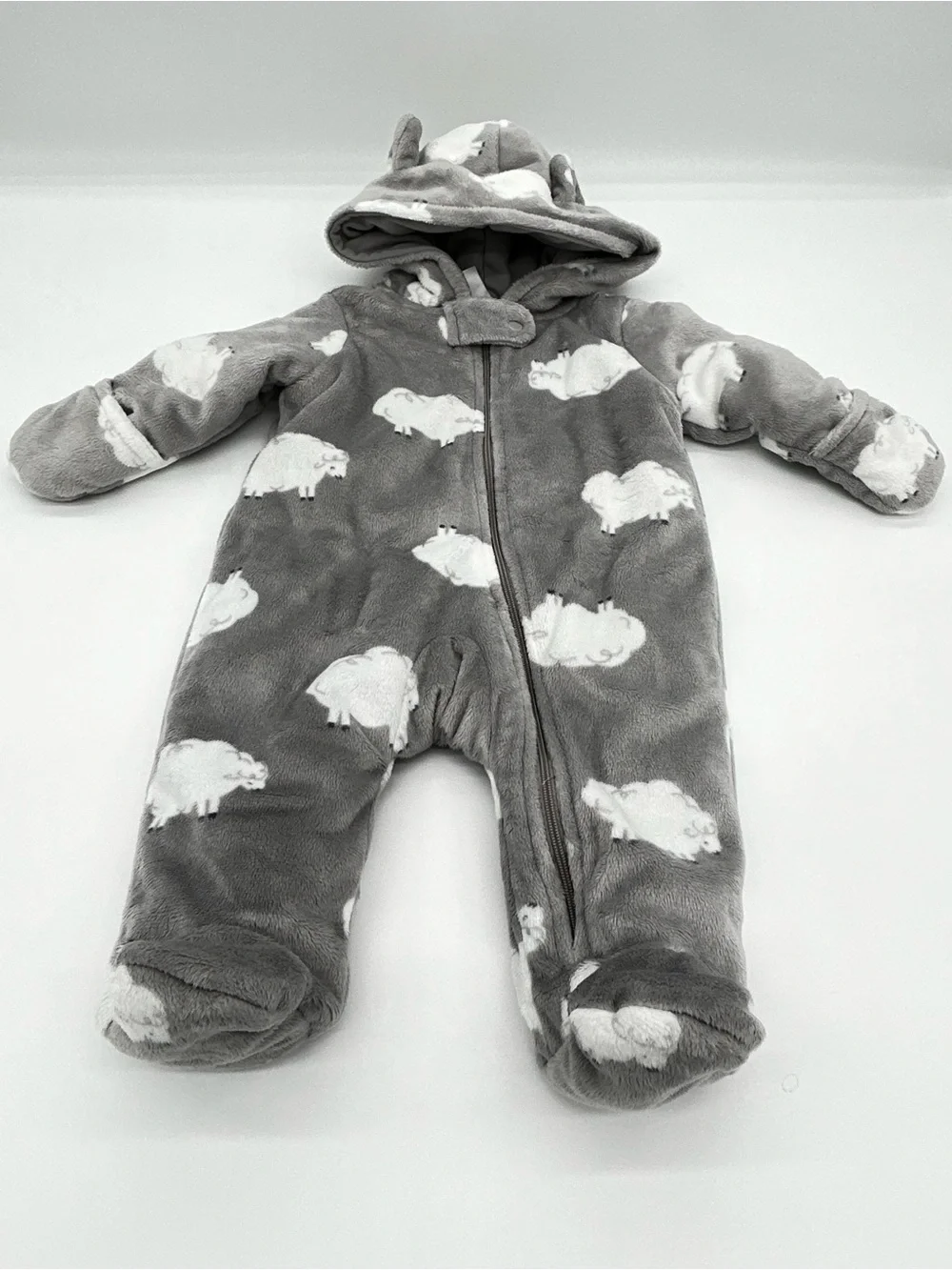 Carter's Gray Fleece Hooded One-Piece with White Sheep Size 3 Months